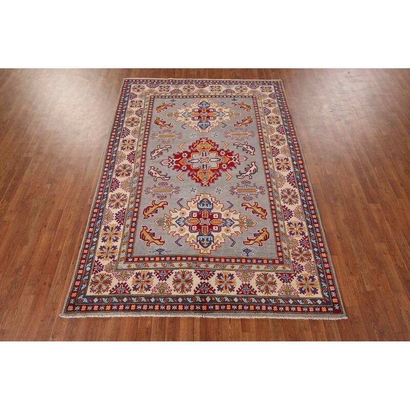 Geometric Kazak Rug Hand-Knotted Grey Traditional Wool Carpet - 5'10" x 8'4"