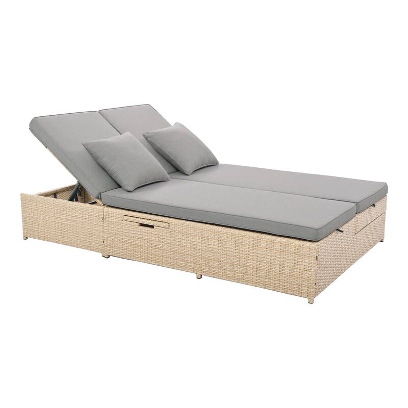Outdoor Patio Rattan Double Daybed Sunbed with Adjustable Backrest and Seat