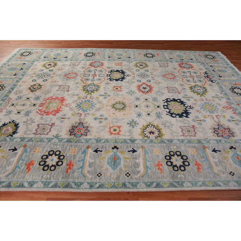 All-Over Geometric Oushak Indian Area Rug Hand-Knotted Wool Carpet - 9'0" x 11'11"