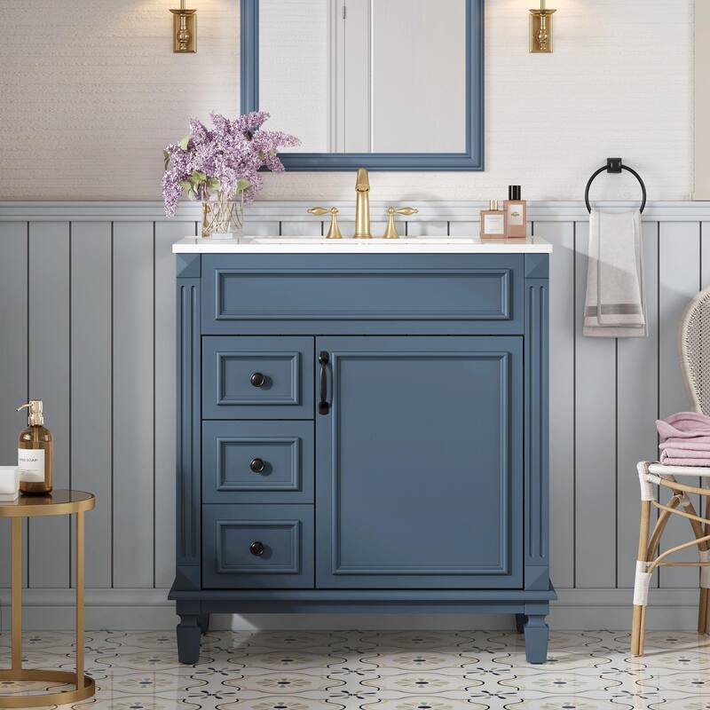 30" Bathroom Vanity with Ceramic Sink - Compact Bathroom Sink Cabinet - Blue