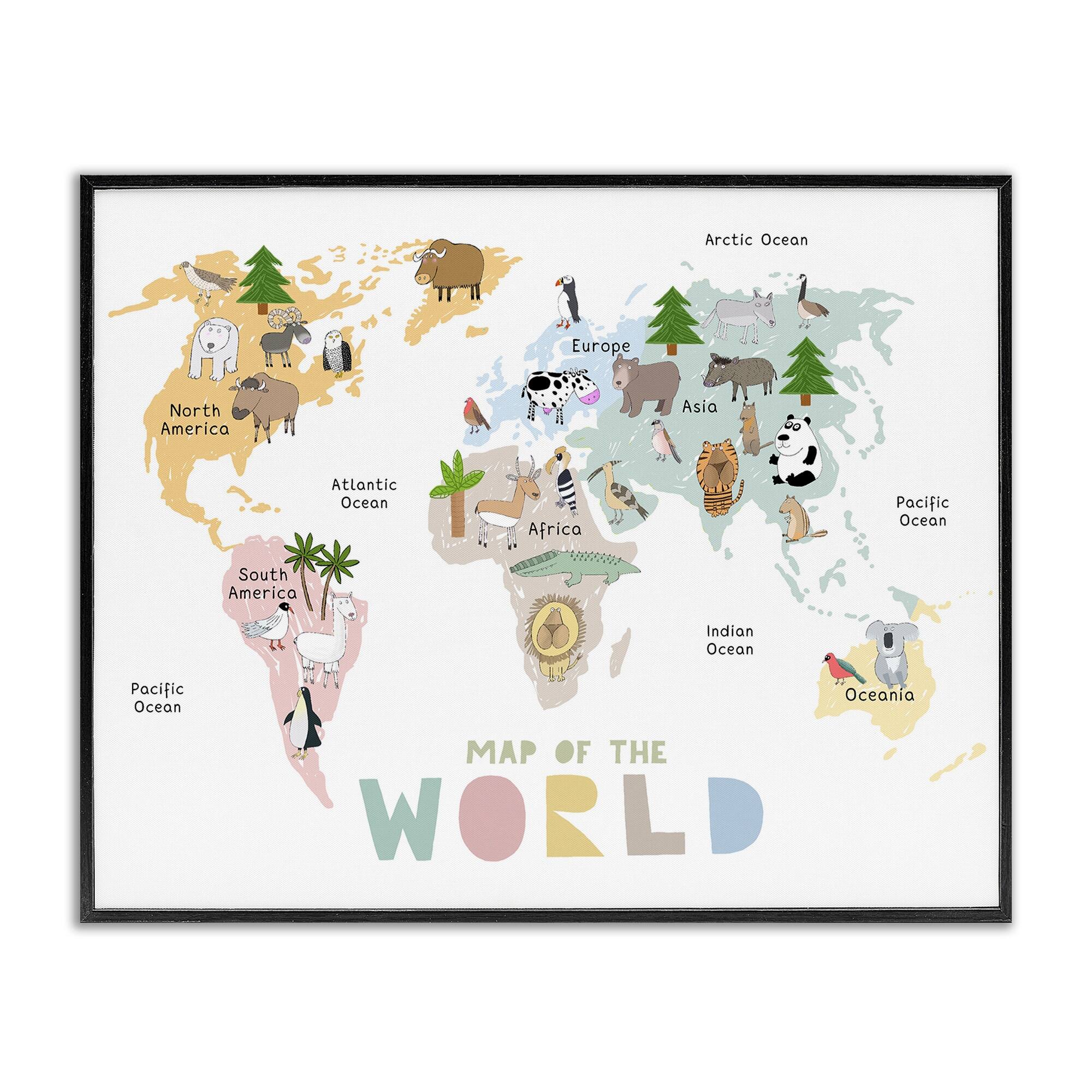 Stupell Map Of World Pastel Animals Framed Giclee Art Design By Carla Daly
