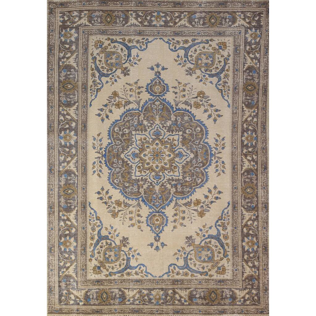 Tabriz Persian Rug Hand-Knotted Traditional Beige Wool Carpet - 6'5"x 9'4"