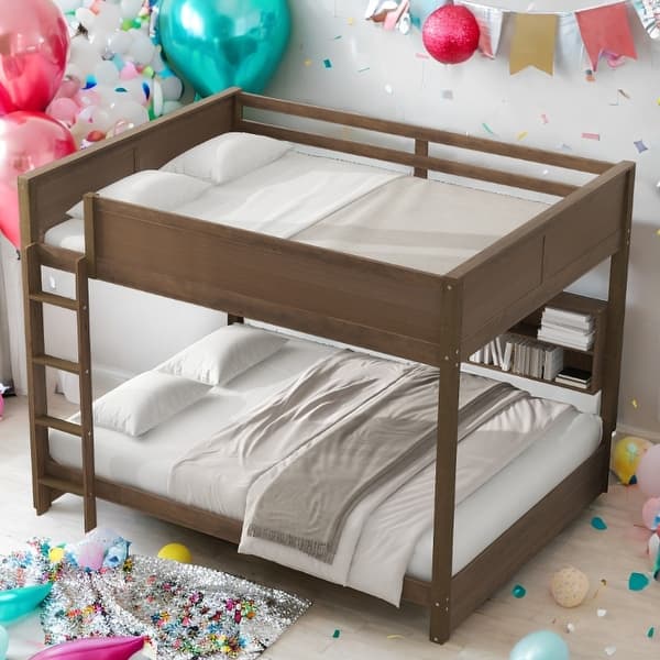 slide 2 of 28, Queen over Queen Bunk Bed with Storage Cabinets and USB Ports for Home Antique Wood Color