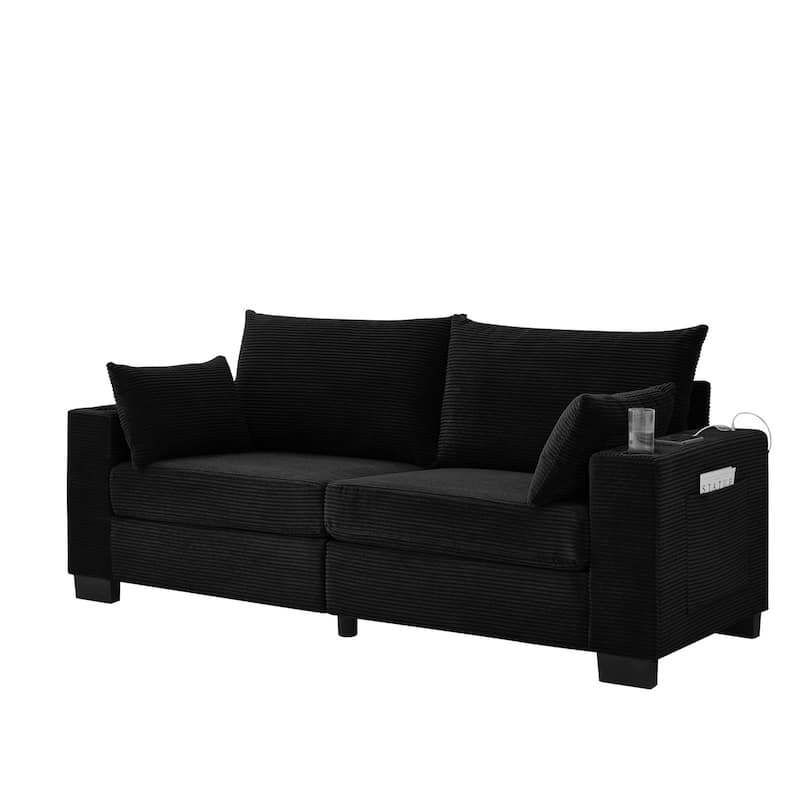 78" Corduroy 3-Seater Sofa with USB Ports, Cup Holders and Side Pockets