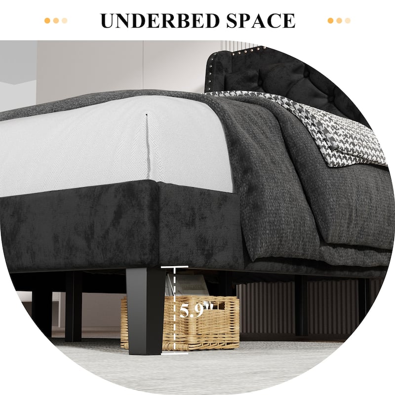 Diamond Tufted Queen Size Bed Frame – Faux Leather & Velvet Options with Button Tufted Headboard, Under-Bed Storage