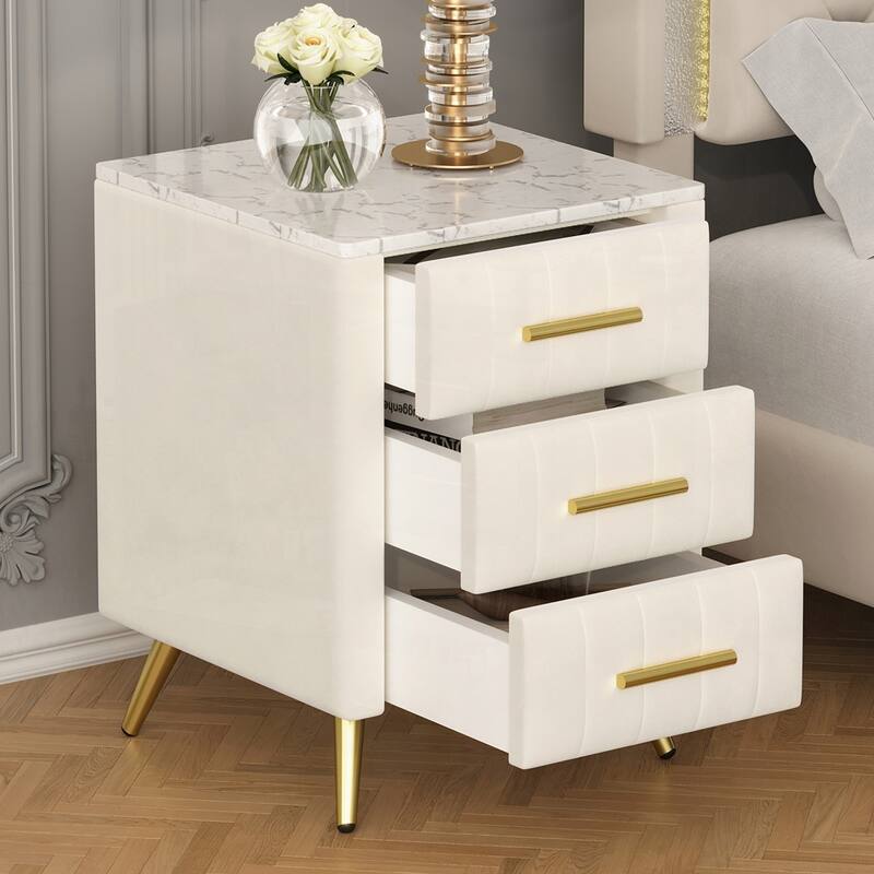 Upholstered Wooden Nightstand with 3 Drawers and Metal Legs&Handles - Beige