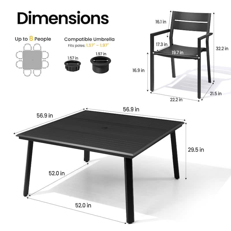 9-Piece Outdoor Patio Dining Set All-Weather Aluminum Square Table with Umbrella Hole and Stackable Chairs