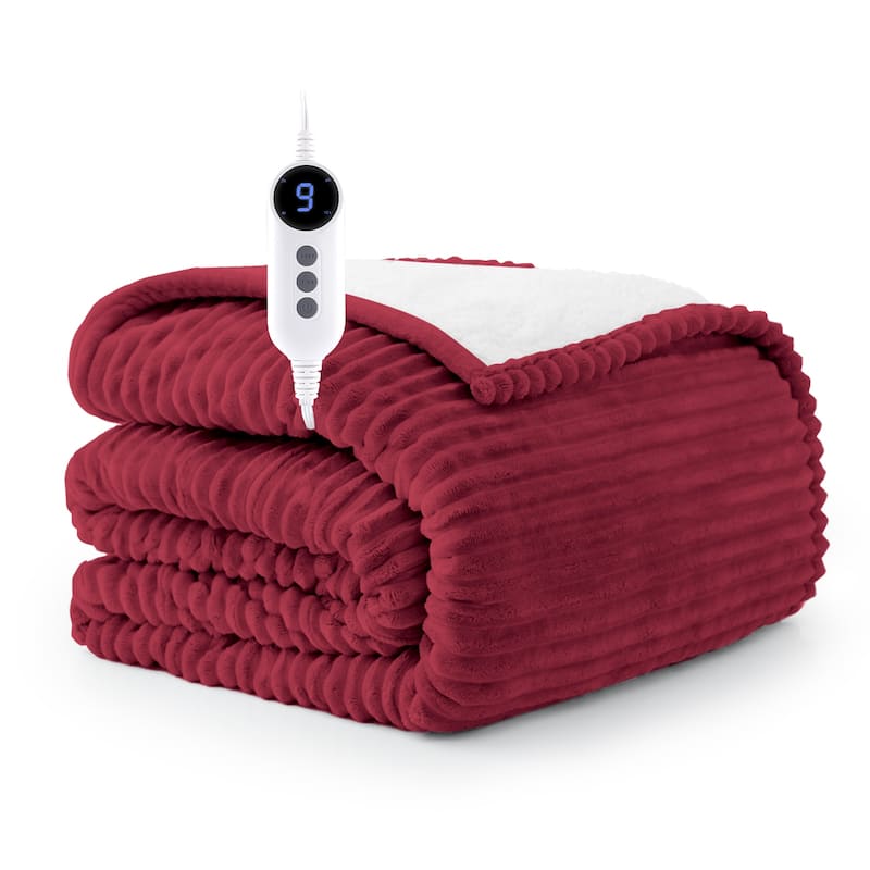 Reversible Flannel & Sherpa Electric Blanket, Heated Throw with Temperature and Timing Functions of a Controller - 50"*60" - Dark Red