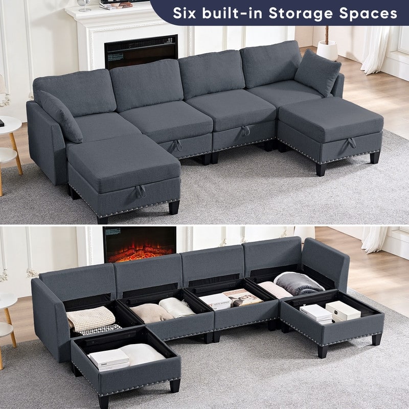 Mixoy Rivet Design Flexible Combination Reversible 4-Seater Modular Sofa with Storage Ottomans,Linen Convertible Sleeper Sofa