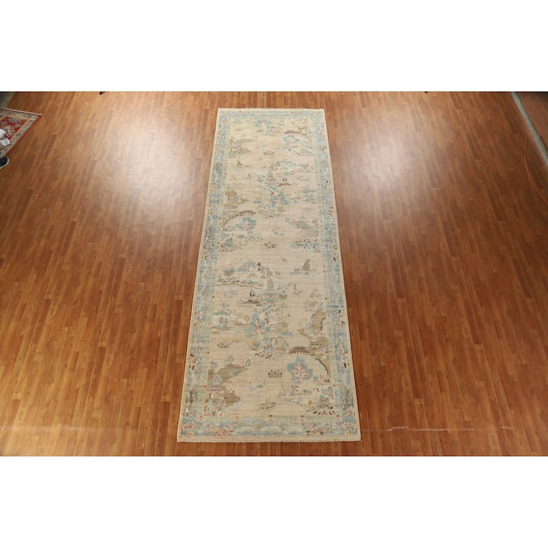 Beige Art Deco Turkish Runner Rug Handmade Wool Carpet - 4'10" x 14'1"