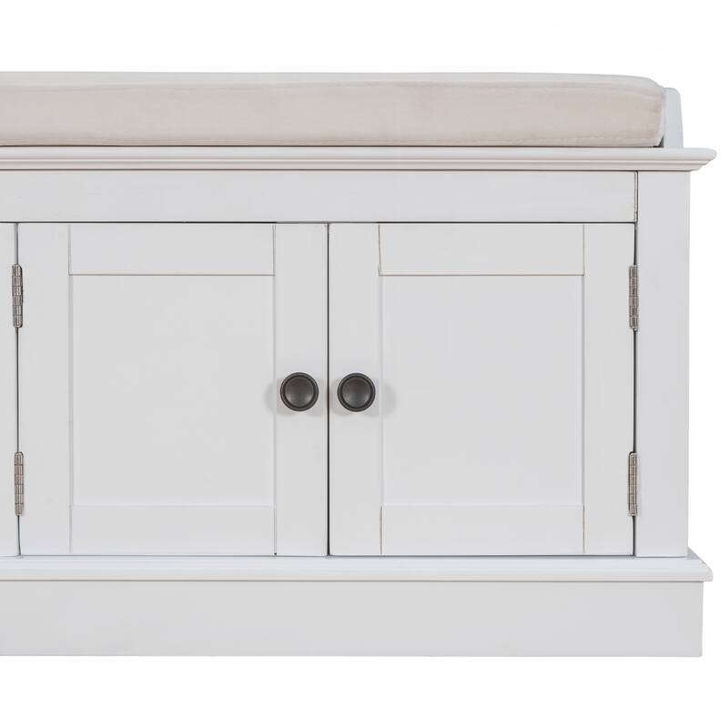 Storage Bench with 4 Doors and Adjustable Shelves, Shoe Bench with Removable Cushion for Living Room, Entryway