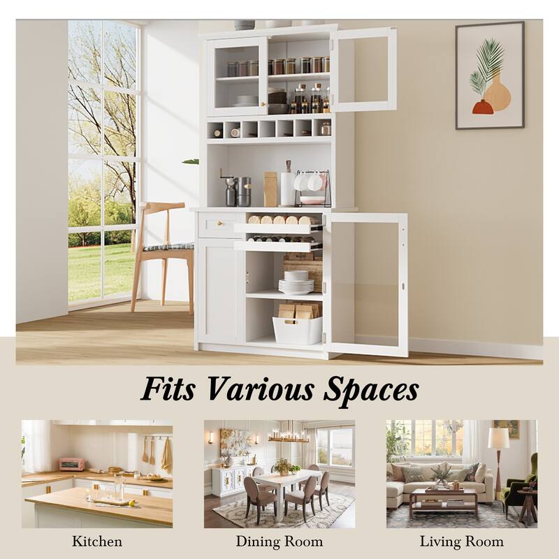 35.4 Inch Farmhouse Buffet, Freestanding Hutch with Wine Rack & Adjustable Shelves, Tall Pantry Storage Cabinet