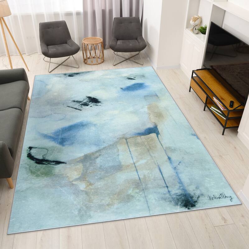 Floating Stars, Hand Washable Abstract Art Area Rug, power-loomed, 100% polyester, 2mm pile, non-slipping back - 7.5' x 10.3'