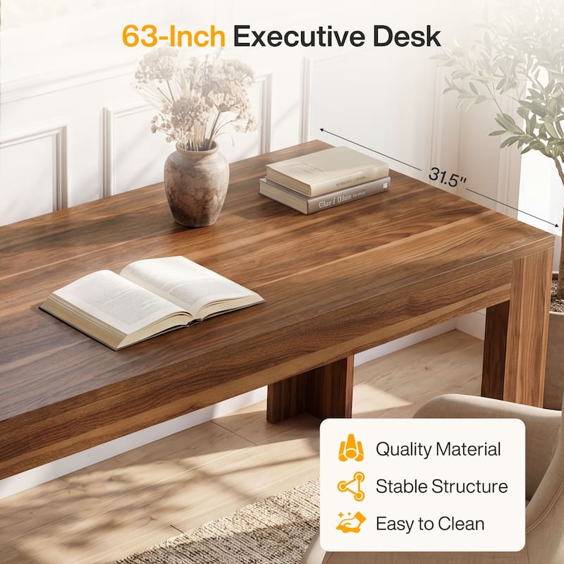 Modern Executive Desk with Large Tabletop, 63-Inch Office Desk, Computer Desk, Long Workstation for Home Office