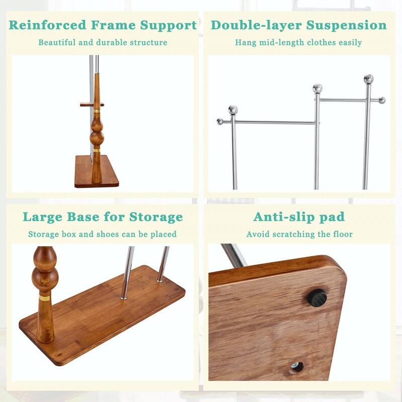 70" Tall Industrial Coat Rack for Entryway, Solid Wood & Stainless Steel, Double Layer Hanging Rack