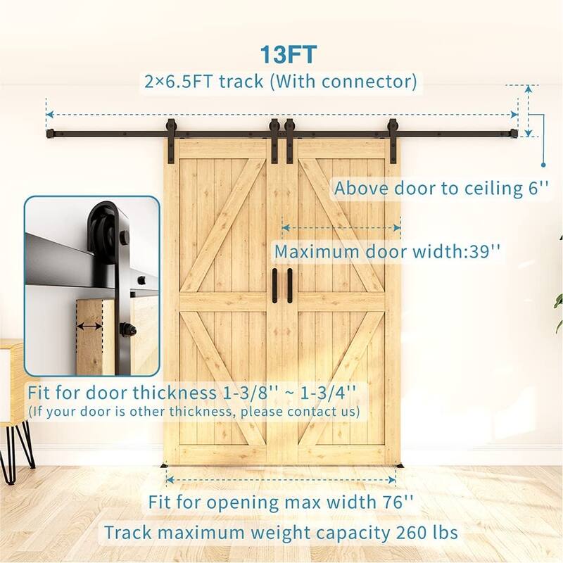 WINSOON 4-14 FT Sliding Barn Door Hardware Track Kit for Double Doors J Style Rollers - 13FT