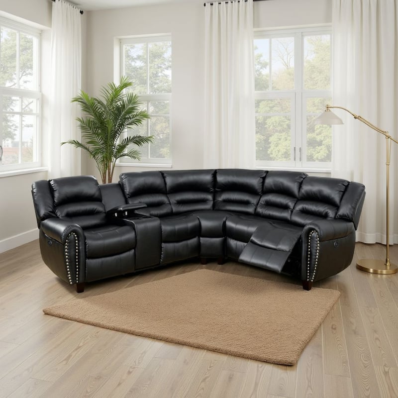 Qox Power Reclining Sectional Sofa Set, USB Port, Bonded Leather, Black