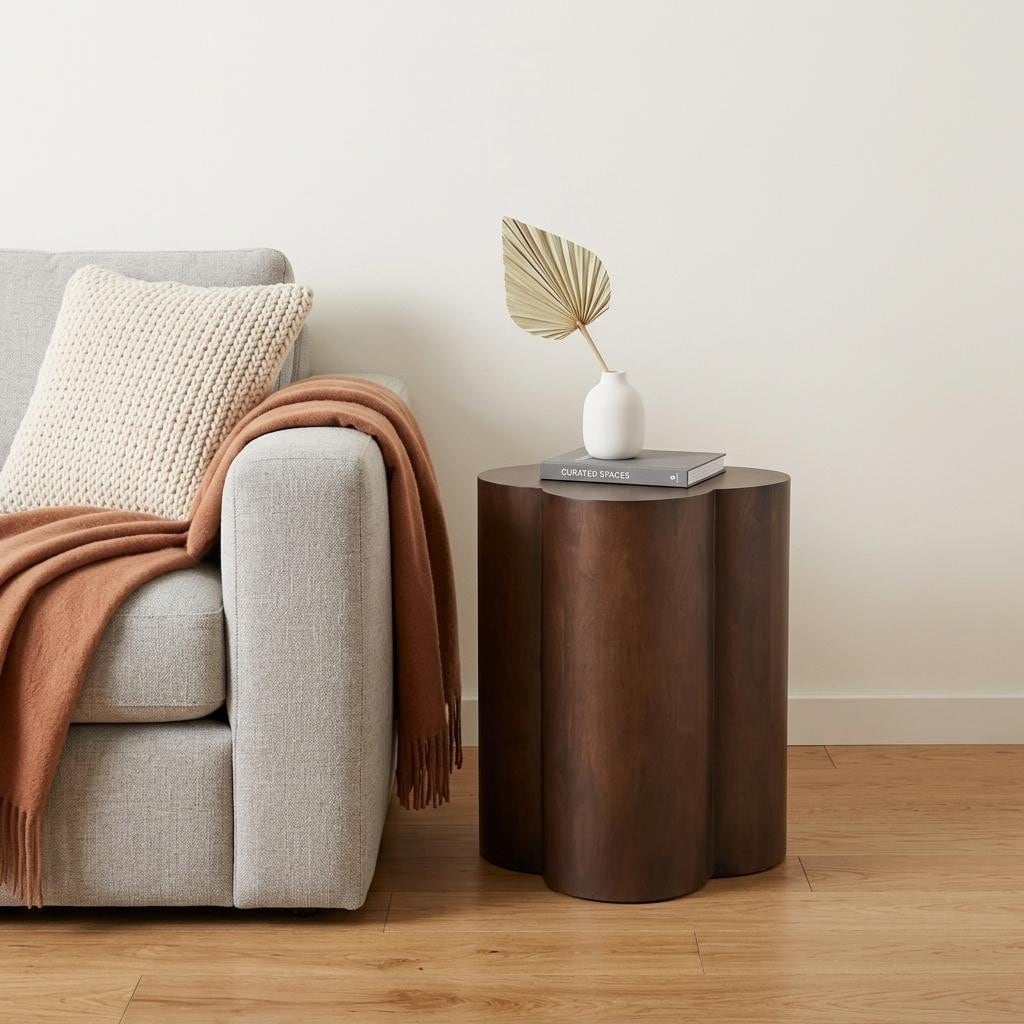 HomeRoots 21" Brown Solid Wood Quatrefoile Drum End Table - 19.00 in. x 21.00 in. x 20.00 in.