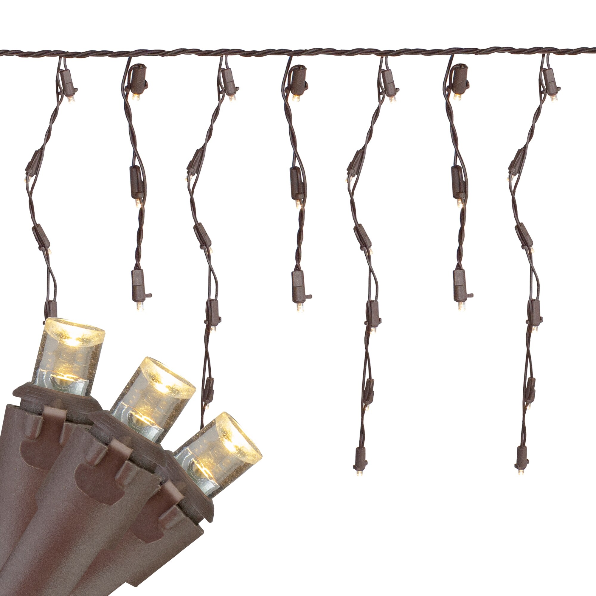 Shop Black Friday Deals On 70 Warm White Led Wide Angle Icicle Christmas Lights 6ft Brown Wire Overstock 16539506