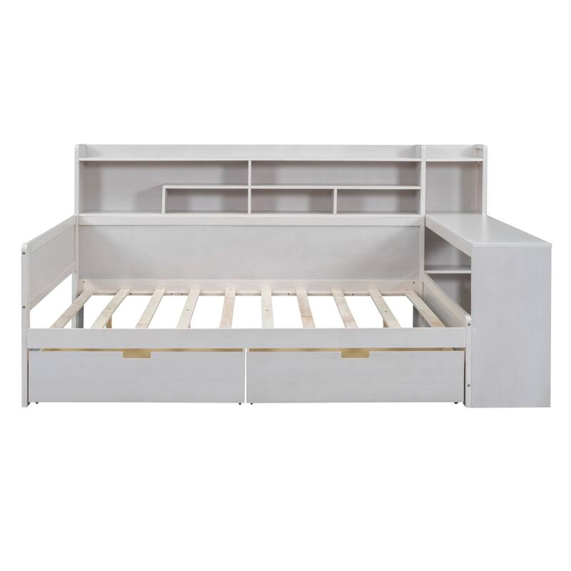 Wooden sofa bed with two storage drawers and desk
