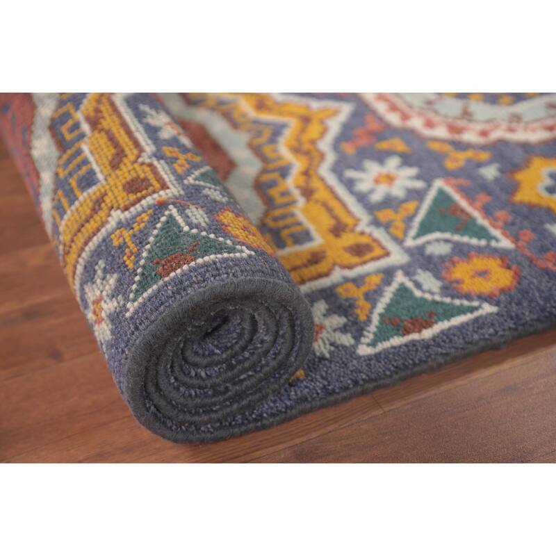 Geometric Blue Kazak Runner Rug Hand-Knotted Wool Carpet - 2'7"x 7'11"