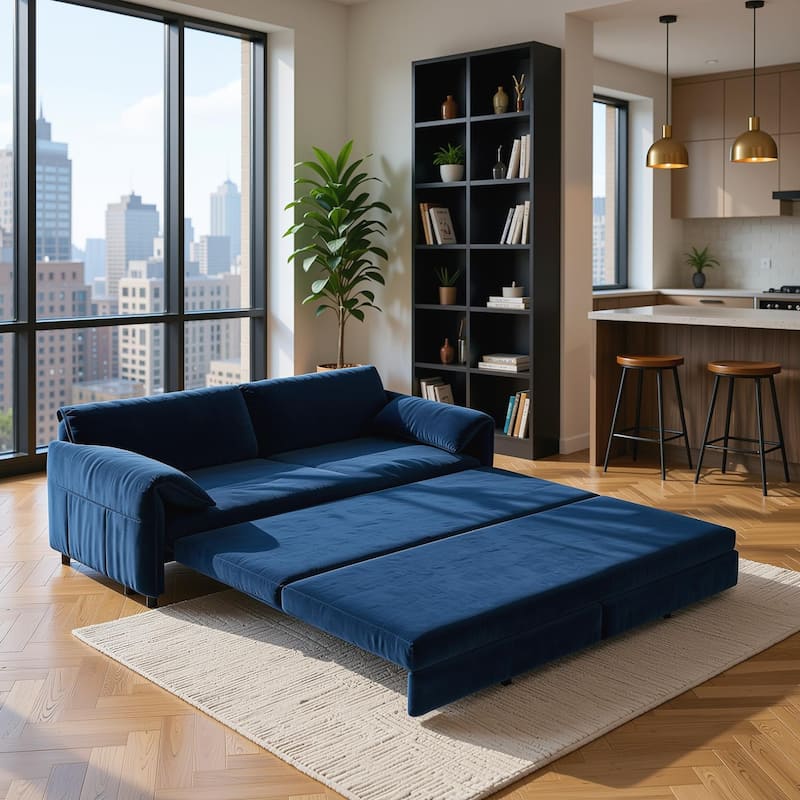 Homy Casa 66" Queen Pull-Out Sofa Bed with Storage, Velvet Loveseat