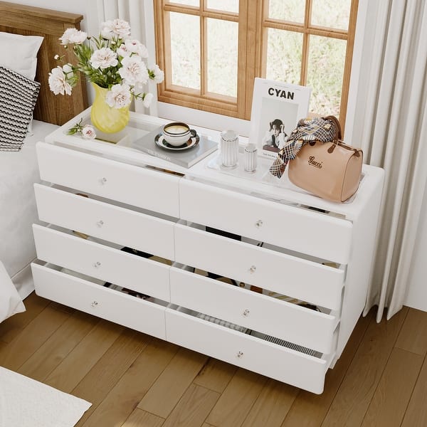White 8 - drawer Dresser: Crystal - like Knobs and Glass - topped Design  with Tri - mode Lighting, Ideal for room storage - On Sale - Bed Bath &  Beyond - 42691673