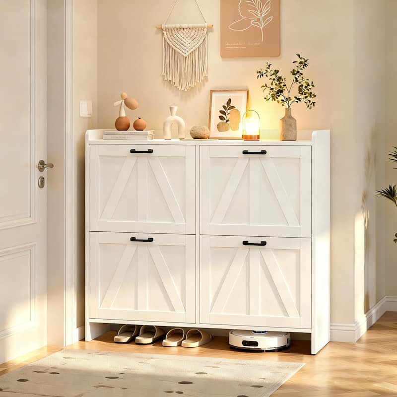 Modern Fence Shoe Cabinet with 4 Flip Drawers, Sleek Space-Saving Entryway Organizer for Living Room - White
