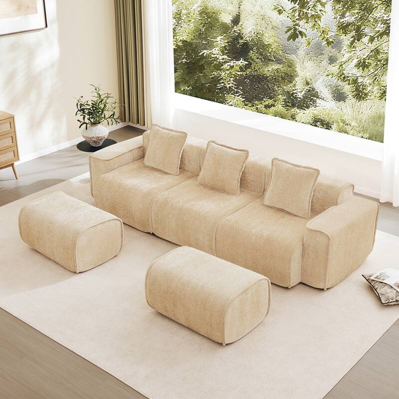 Streamlined Design Modular 3 Seat U Shape Boneless Velvet Fabric Sofa with 2 Movable Ottoman - 8' x 10'