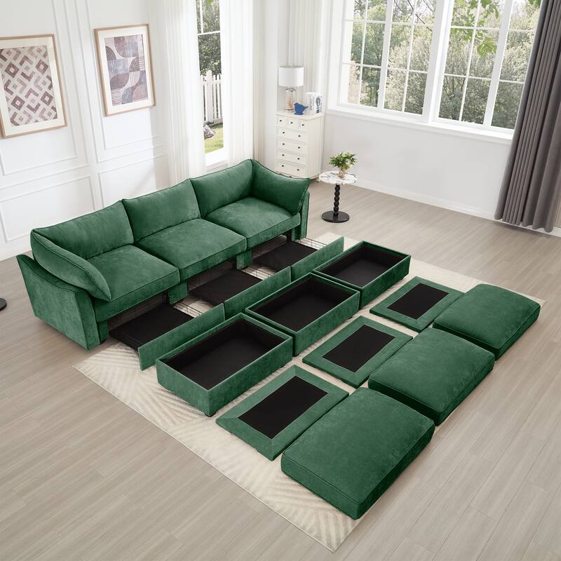 3-Seat Modular Sectiona Sleeper Sofa with Pull out Drawer Under Each Seat & 3 Movable Storage Ottomans