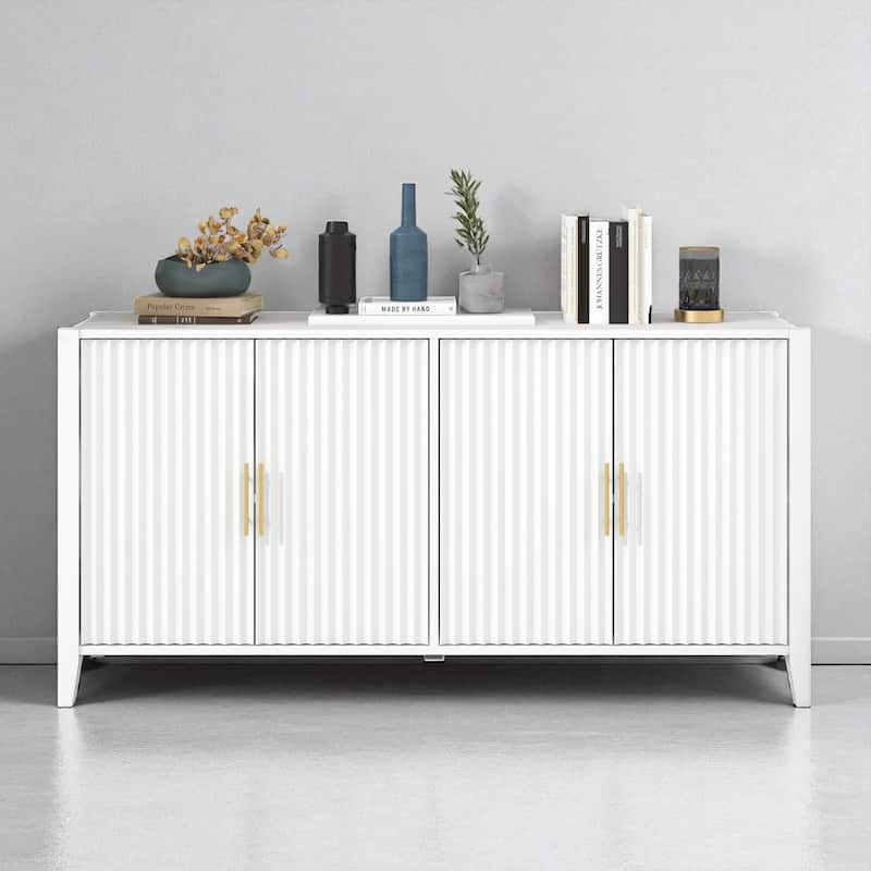 63" Modern Sideboard with 4 Wavy Slatted Doors, Pine Wood Legs, and Metal Handles for Dining or Entryway Storage - White