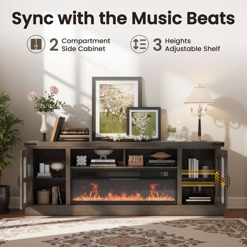 Meyreso 70.8" Vintage Fireplace TV Stand with 36" Electric Insert, Arched Glass Doors & LED Lighting