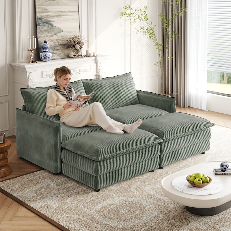 75" Corduroy 2-Seater Cloud Sectional Sofa with Dual-Layer Cushions - Green