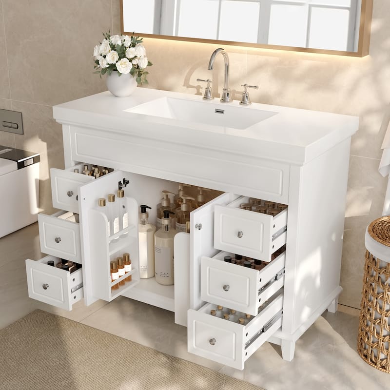 48" Bathroom Vanity-Classic- Pine Legs-Resin Sink with Soft-Close Drawers & Double Doors.