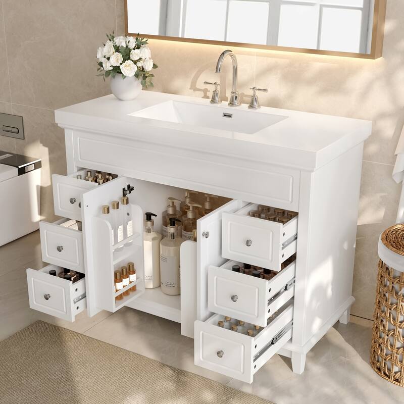 Roomfitters 48" Bathroom Vanity with Integrated Resin Sink, 6 Soft-Close Drawers and Double Doors with 2-Tier Shelving, White