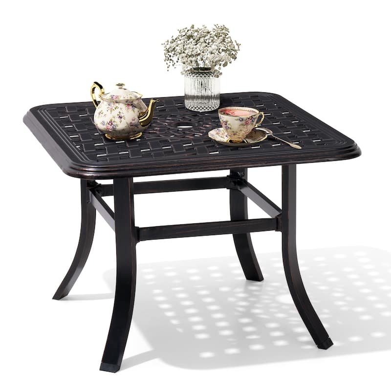 Cast Aluminum Patio Side Table Outdoor Square Table with Umbrella Hole - 24.02" L x 24.02" W x 17.52" H