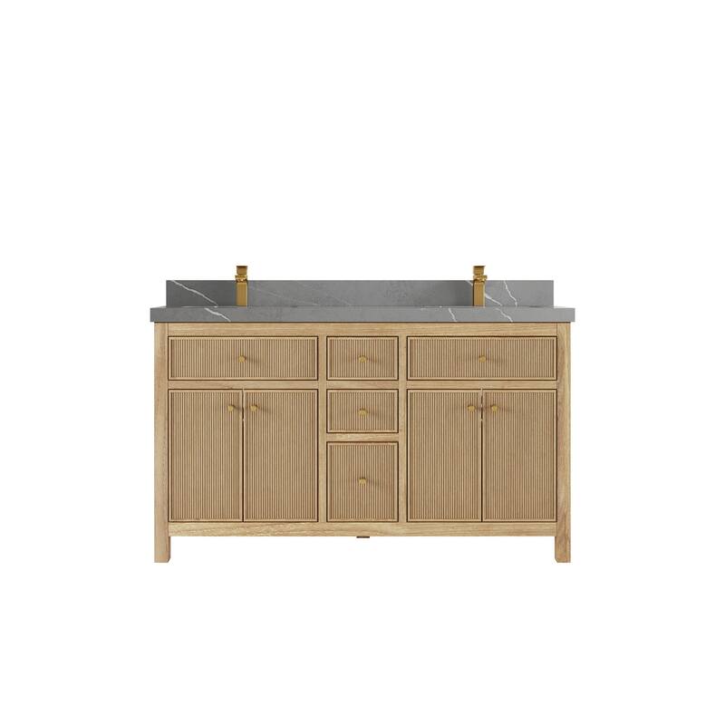 Willow Collections 60 in. W x 22 in. D Sonoma Teak Double Sink Bathroom Vanity with Countertop - 2" Piatra Gray - Light Natural
