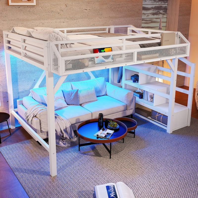 Queen/Full Metal Loft Bed with Storage Stairs, Wardrobe, USB Ports & LED Lights