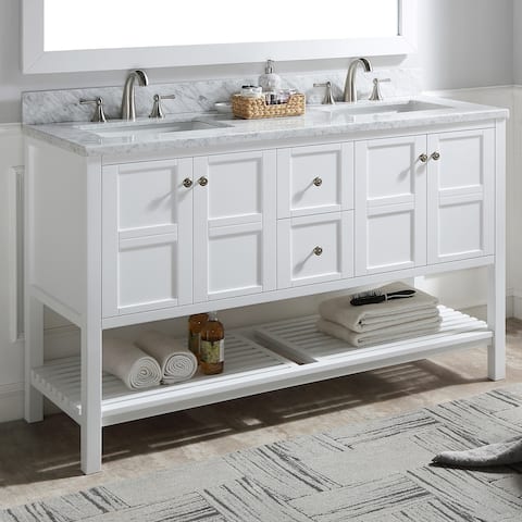 BATHLET 60 inch 2 Sinks White Bathroom Vanity and Open Shelf
