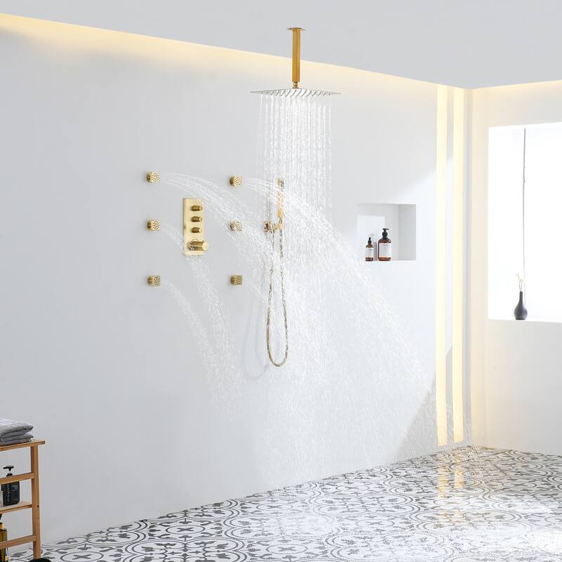 3 Functions 12 Inch Ceiling Mounted Thermostatic Shower System in Brushed Gold
