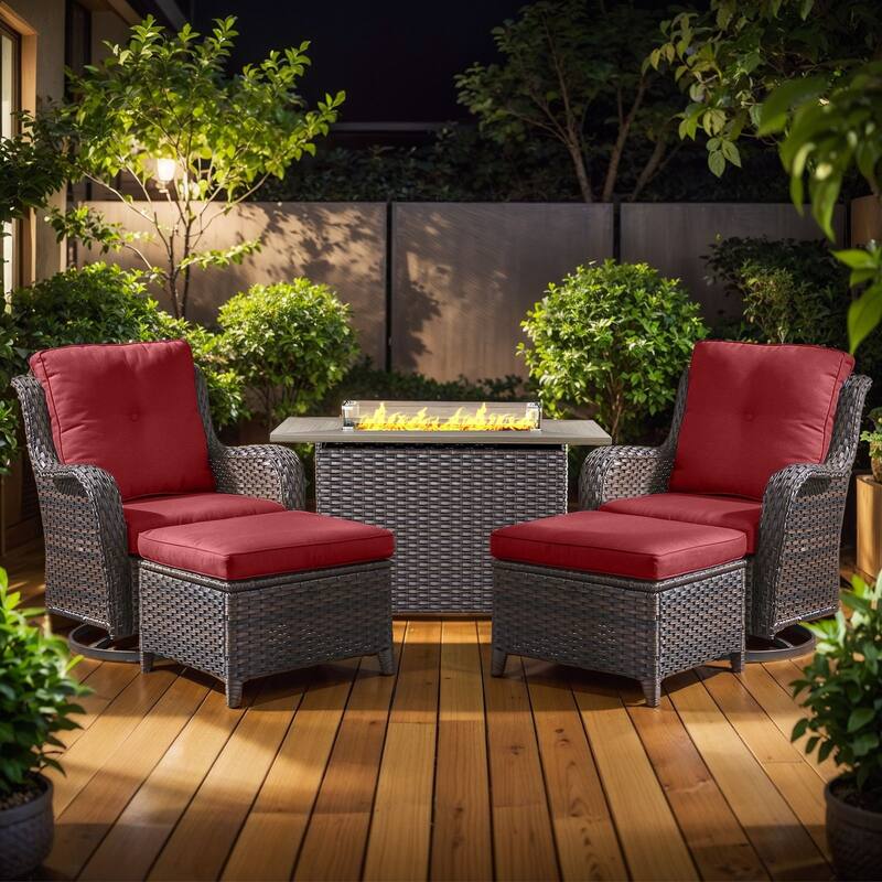 Fire Pit Table with Patio Glider Chairs Ottomans - Brown - Red