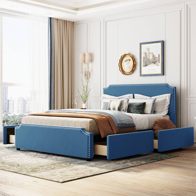 Upholstered Platform Bed Queen Size Velvet Fabric Storage Bedframe with 4 Drawers, Headboard & Footboard, No Box Spring Needed