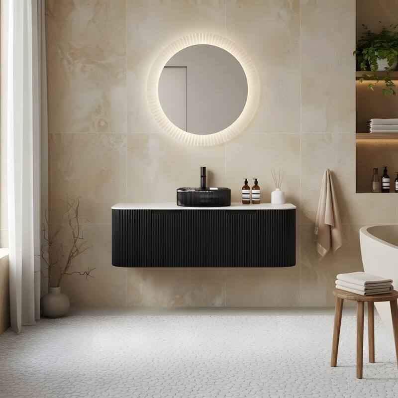 Wall Mounted Bathroom Vanity with Transparent Black Round Glass Basin - 48 - Black