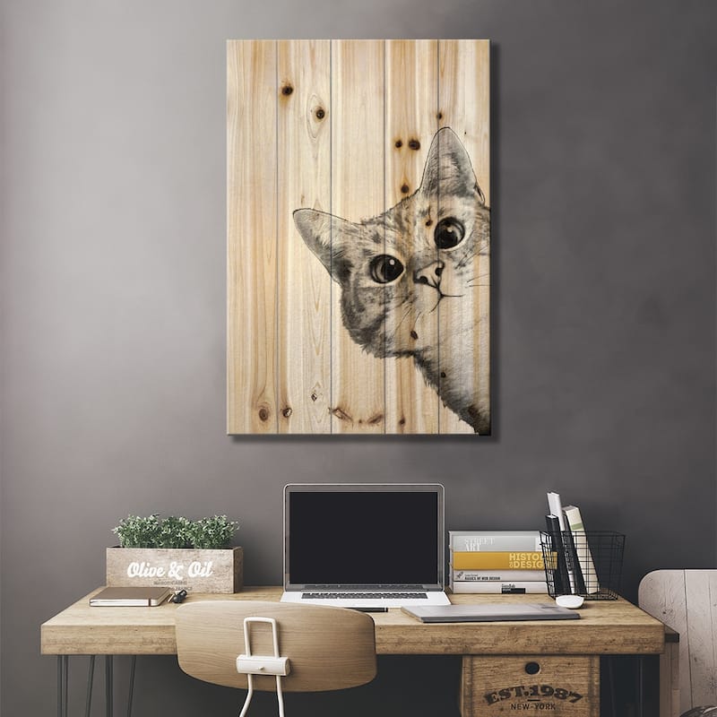 Sneaky Cat Print On Wood by Laura Graves - Multi-Color