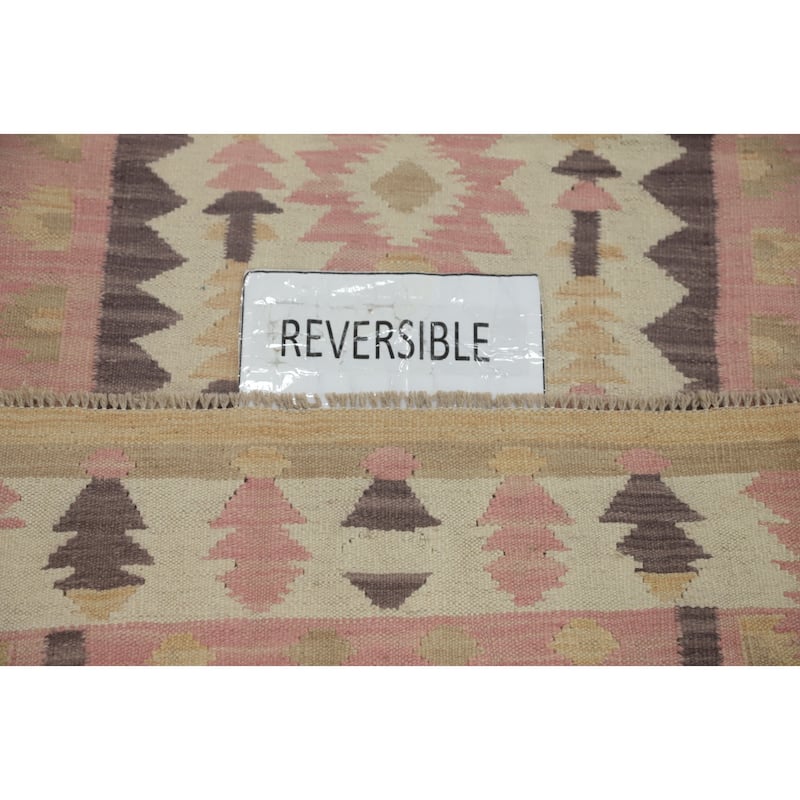 Hand Woven Oriental 100% Wool Carpet Southwestern Tribal Beige & Ivories Kilim Runner Rug - 12' 10'' X 2' 7''