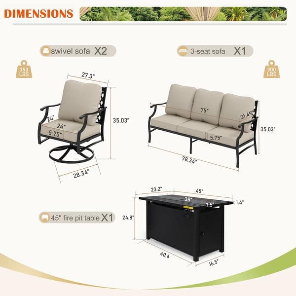 dimension image slide 6 of 19, MAISON ARTS Outdoor Sofa Set 4/6-Piece Patio Conversation Set with 45'' Gas Fire Pit Table