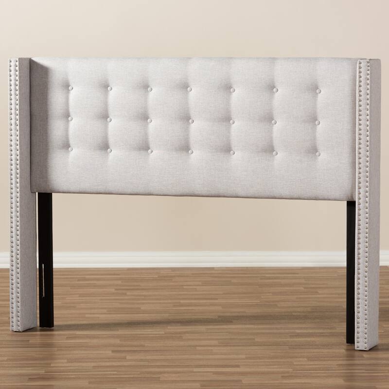Modern Greyish Beige Fabric Winged Headboard King Size with Button Tufting and Nailhead Trim, Adjustable Mount