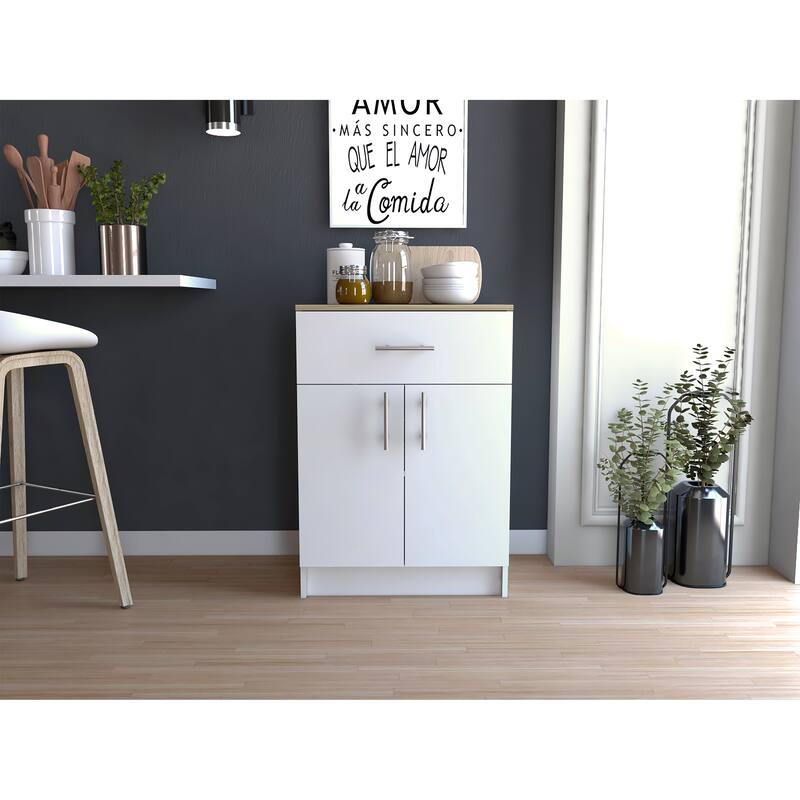 TUHOME Mayorca Multi-Storage Pantry Cabinet with 2 Interior Shelves, Drawer, and Metal Handles - White