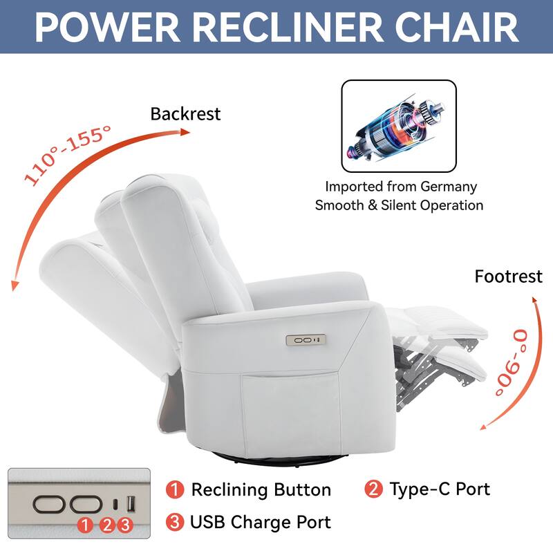 Ergonomic Swivel and Rocker Power Recliner Chair for Elderly, Lving Room Single Sofa w/Lumbar & Neck Support Pillow & USB Ports