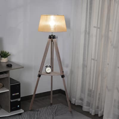 HOMCOM Multifunctional Floor Lamp with Shelf Height Adjustable Standing Lamp Contemporary 2-in-1 Cloth Lampshade E26 Lamp Holder